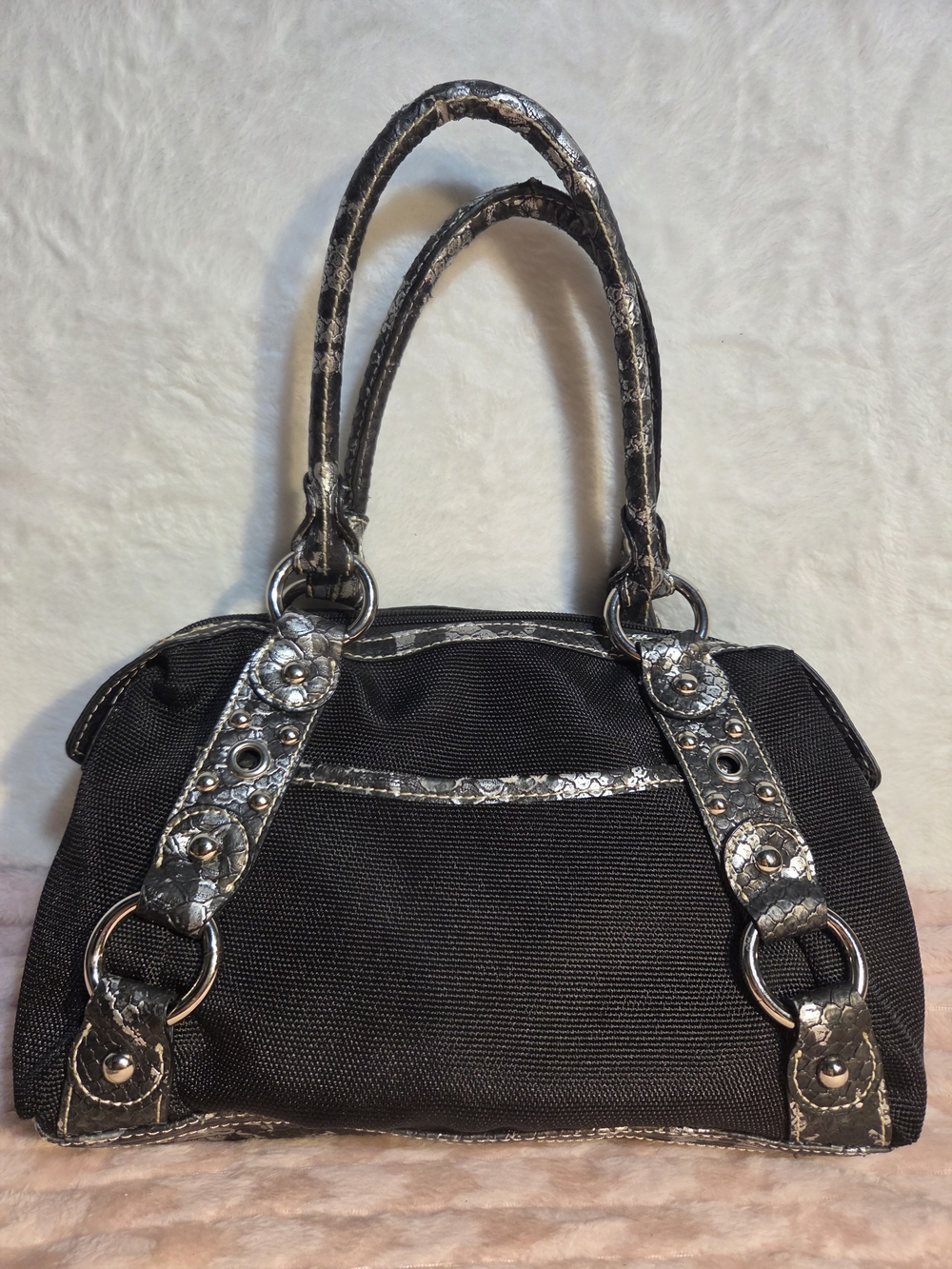 Kathy Van Zeeland Black Women's Satchel Handbag with Metallic Trim